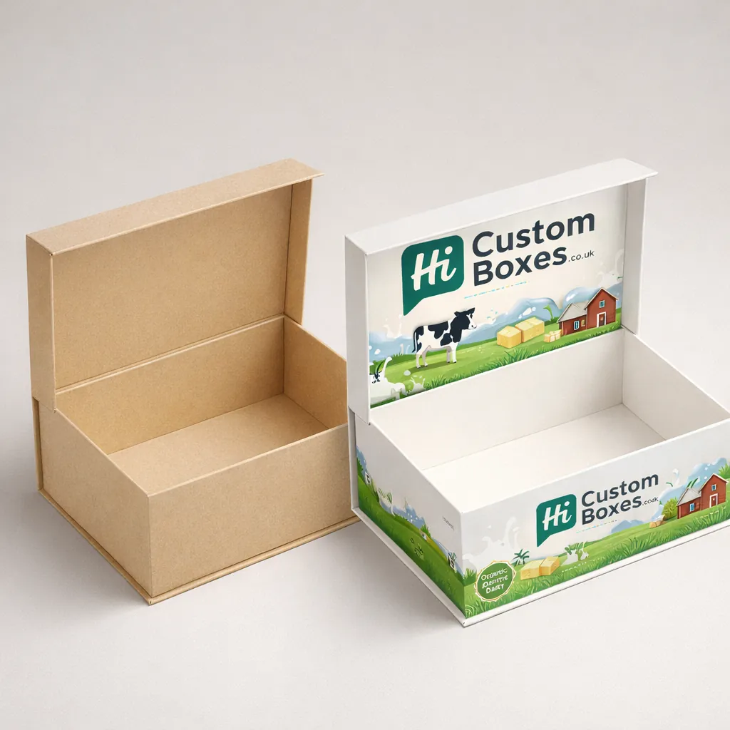 Two small yogurt or butter style tubs, one plain white and one with colourful dairy branding. class=